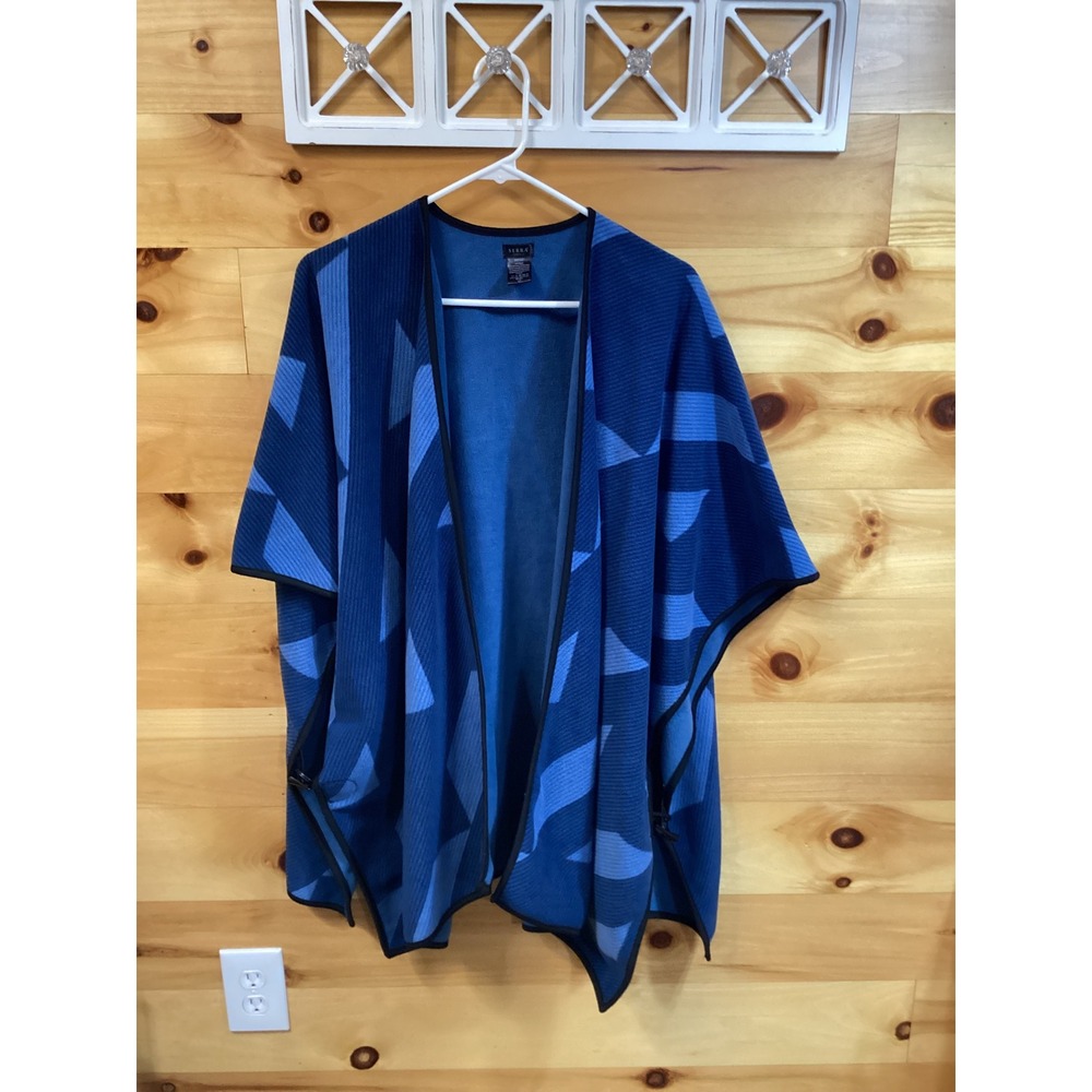 Serra Womens Blue Geometric Fleece Wrap One Size Horn Buckle Closure Open Front